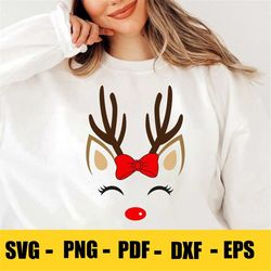 Reindeer with Bow - Instant Digital Download - svg, png, dxf, and eps files included! - Christmas, Reindeer Face, Antler