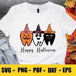 Digital Png File Dentist Happy Halloween Tooth Trio Witch Pumpkin Ghost Cat Art Printable Waterslide Sublimation Design