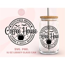witches brew coffee house 16oz libbey glass can wrap svg, png, halloween libbey wrap, witches brew soda can glass png, w