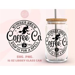 witches brew coffee co. 16oz libbey glass can wrap svg, png, halloween libbey wrap, witches brew soda can glass png, wit