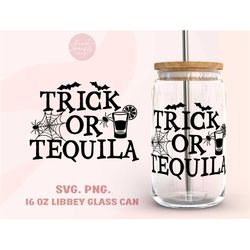 trick or tequila 16oz libbey glass can wrap svg, png, funny halloween libbey wrap, spooky soda can glass png