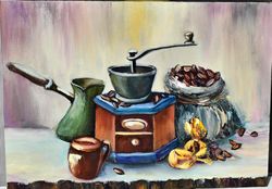 Coffee mood with candy, oil painting, author's painting. Original painting in large strokes with a palette knife.