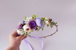 Lavender ivory flower crown Bridal headpiece Wedding hair wreath Maternity photo props Bridesmaid crown Hair flowers