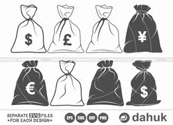 Money Bag SVG, Money Bag Icon Clipart, Doller Bag svg, Euro Bag SVG, Pound bag, Yen Bag Sign, Cut file, for silhouette,