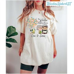 personalized carl and ellie comfort colors shirt, greatest adventure, disney couple shirt, up house balloon, matching di