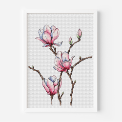 Magnolia Cross Stitch Pattern, Delicate Flower Design, Tenderness Cross Stitch, Spring Bloom Counted Cross Stitch