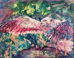 Seagull Bird Painting Art Oil Original Impasto Northern Aurora Borealis Svinar Oksana