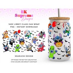 Stitch Horror png, Horror characters 16oz Libbey can Glass, Halloween Horror characters full glass can wrap, Stitch Hall