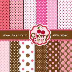 pink and brown polka dots papers pack for scrapbooking, invites, tags, cards, paper craft, stationary, photo cards