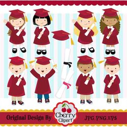 Graduation_Boys and Girls digital clipart set -Red-Preschool, High School, College, Graduation-Personal and Commercial U