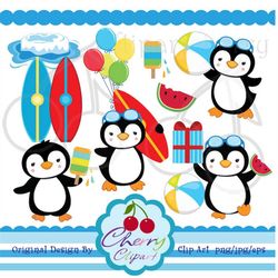 Summer Party Boy Penguin Digital Clipart Set for -Personal and Commercial Use-paper crafts,card making,scrapbooking,web
