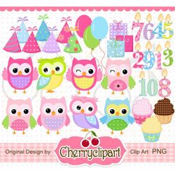 birthday owls digital clipart set-the hats are separately,birthday candles numbers 1 through 10 -personal and commercial