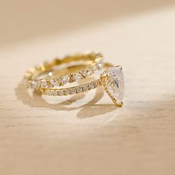 Solid Gold Pear Shaped Pave Zirconia Engagement and Wedding Ring Pair,Ring Set,Bridal Set- 14k