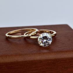 Solid Gold Prong Setting Pave Zirconia Engagement and Wedding Ring Pair,Ring Set,Bridal Set With 4mm Male Band- 14k