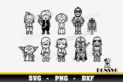 Chibi Star Wars Bundle svg files for Cricut Silhouette Yoda Leia Vader R2D2 Luke Trooper PNG Kawaii Outline