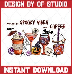 Halloween Horror Sublimation Design, Fueled By Spooky Vibes and Coffee Latte Digital Art, Horror Eyes PNG. Pumpkin Skull