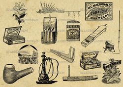 Digital SVG PNG JPG Vintage Tobacco Items, cigarette, leaf, plant, nicotine, plantation, pipe, silhouette, clipart,