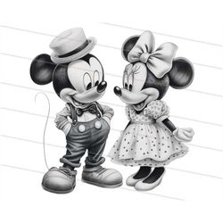 digital mickey & minnie mouse black and white cartoon character, png, sublimation, sticker, print then cut, image