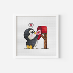 Penguin Cross Stitch Pattern Instant Download, Bird Counted Cross Stitch, Valentine's Day Cross Stitch PDF File, Cute