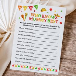 Who Knows Mommy Best Mexican Baby Shower Game Mommy Quiz, Mexican Fiesta Baby Shower Who Knows Mommy Best Game Card