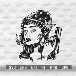 Rasta Girl Smoking with Gun svg | Pretty Stoner Chic png | Mafia Dope Woman Stencil | Hipster High Lady dxf | Cannabis C