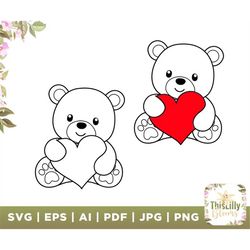 Valentine's Bear SVG, Bear SVG, Heart svg, Cricut Cut Files, Silhouette, Teddy Bear, Stencil, Outline, Cute teddy bear D