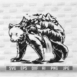 Bear Mountain Scene SVG | Outdoor Grizzly Clipart | Adventure Scene png | Camping Shirt png | Wild Animal Stencil | Wild