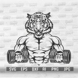 Body Builder Tiger svg | Weight Lifter Clipart | Lightning Weights Cutfile | Fitness Physique Stencil | Muscle Coach Shi