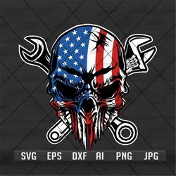 US Skull Mechanic svg | Mechanical Dad Gift Idea T-shirt Design png | Fixed Wrench Tools Clipart Stencil | American Repa