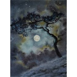 Pine Tree Landscape on a Rock moon original watercolor