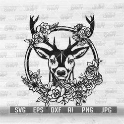 Deer Floral Wreath svg | Flower Animal Clipart | Forest Wild Life Shirt png | Boho Decors Cutfile | Cute Lady Antler dxf