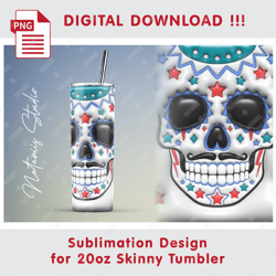 Funny 3D Inflated Puffy Sugar Skull - Seamless Sublimation Pattern - 20oz SKINNY TUMBLER - Full Wrap