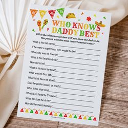 Who Knows Daddy Best Game Mexican Baby Shower, Who Knows Daddy Best Game Mexican Fiesta Baby Shower Daddy Quiz Game Card