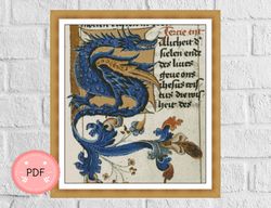 Blue Dragon Cross Stitch Pattern,Religious,Christian Icon,Full Coverage,Medieval Illuminated Manuscript