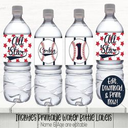 Baseball Water Bottle Label, Baseball Drink Bottle Label, Baseball Birthday Party Decorations, Baseball Printable