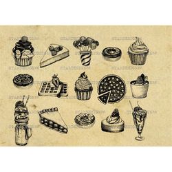 Digital SVG PNG JPG Sweets, cupcakes, cheesecake, waffle, milk shake, donuts, vector, clipart, silhouette, instant downl