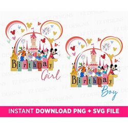 Bundle Birthday Girl and Boy Svg, Mouse and Friends with Balloons Svg, Mouse Ears with Magical Castle, Happy Birthday Sv