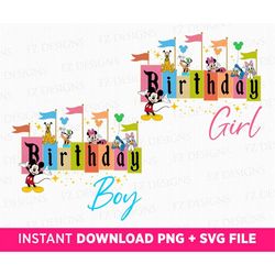 Bundle Birthday Girl and Boy Svg, Happy Birthday Svg, Mouse and Friends Birthday Svg, Stars, Balloons, Flags Svg, Png Fi