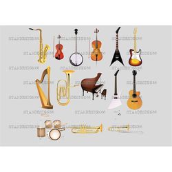 Digital EPS PNG JPG Musical Instruments, piano, saxophone, electric bass guitar, drum kit, vector, clipart, silhouette,