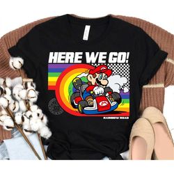Nintendo Super Mario Mario Kart Pride Rainbow Road Here We Go T-Shirt, Super Mario Shirt, Disneyland Family Vacation Mat