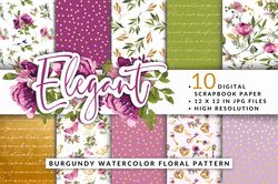Elegant Burgundy Watercolor Floral Pattern Digital Paper