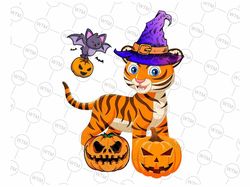 Cute Halloween Tiger In Witch hat Halloween Kid Png, Pumpkin Season, Tiger Halloween Party Gift, Cute Tiger Halloween PN