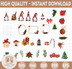 Christmas Gnome Clipart PNG Bundle, Christmas PNG, Holly Snowman, Santa Pudding Gnome,s hand drawn, watercolor instant
