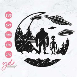 big foot & alien under the moon svg | bigfoot and alien walking on the moon svg | monster shirt decal vinyl sticker cutf