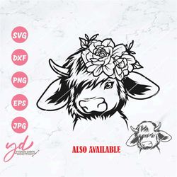 Cute Floral Highland Cow Svg Png | Floral Baby Highland Cow Svg | Highland Cow Svg | Farm Life Svg | Farm Animal Svg | C