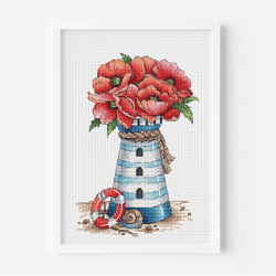 Lighthouse Cross Stitch Pattern PDF Instant Download Botanical Poppy Cross Stitch, Elegant Floral Bouquet