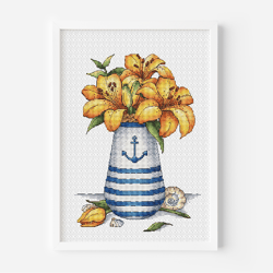 Lily Cross Stitch Pattern PDF Instant Download, Lighthouse Cross Stitch, Vase Counted Cross Stitch, Floral Bouquet