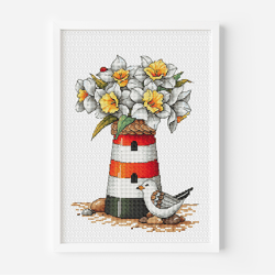 Narcissus Cross Stitch Pattern Instant Download PDF, Lighthouse Counted Cross Stitch, Floral Bouquet Embroidery, Spring