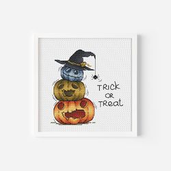 Pumpkin Cross Stitch Pattern PDF, Festive Halloween Cross Stitch Trick or Treat Pumpkins with Spider, Spooky Art