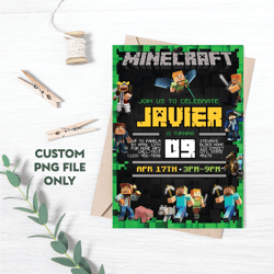 Personalized File Minecrafter Birthday Invitations, Printable Minecraft Birthday Invitation, Mine Invite PNG File